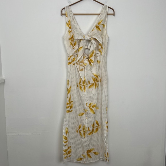 Revolve Sundress Yuma White Gold Foil Leaf Print Maxi Dress Cutout Detail Size S - Picture 3 of 10